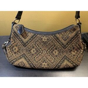 Vintage Fossil Paisley Tapestry Brown Fabric Leather Shoulder Satchel Bag Purse
